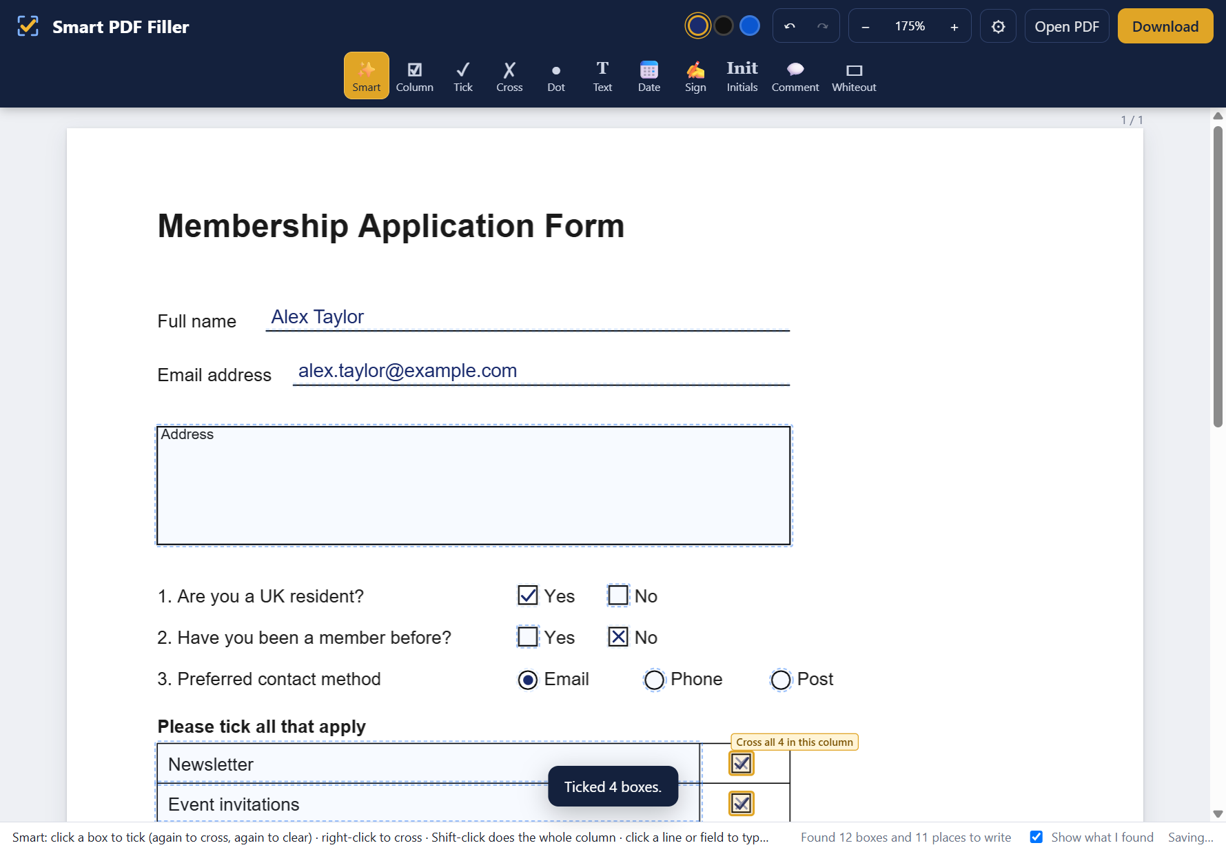 Smart PDF Filler with a membership form: name and email typed on the lines, boxes ticked and crossed, and a whole column of boxes ticked at once